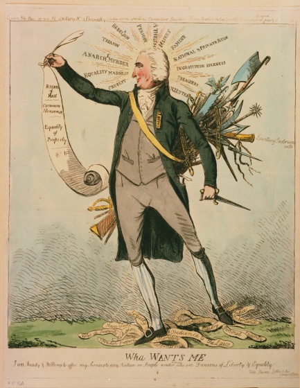 Caricatura d'autor desconegut, de l'any 1792. Representa Thomas Paine amb la declaració de Drets de l'Home i envoltat d'injustícies