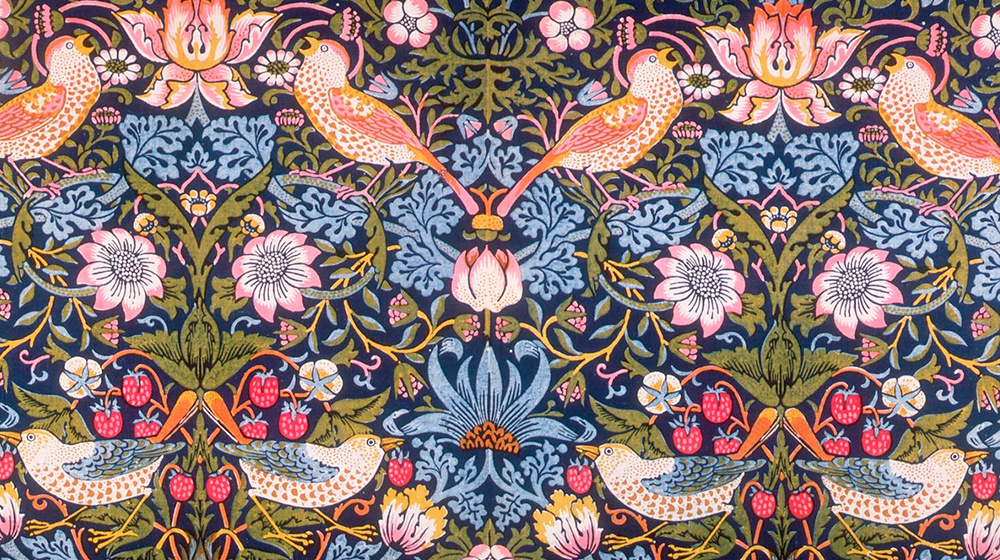 "El lladre de maduixes", disseny per tèxtil de William Morris, 1883.